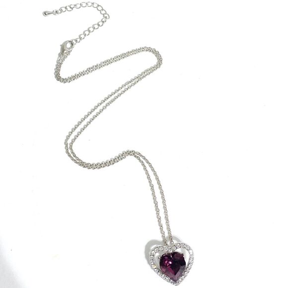 Purple Rhinestone Heart Pendant Necklace Silver Tone Dainty Chain Birthstone - Picture 2 of 7